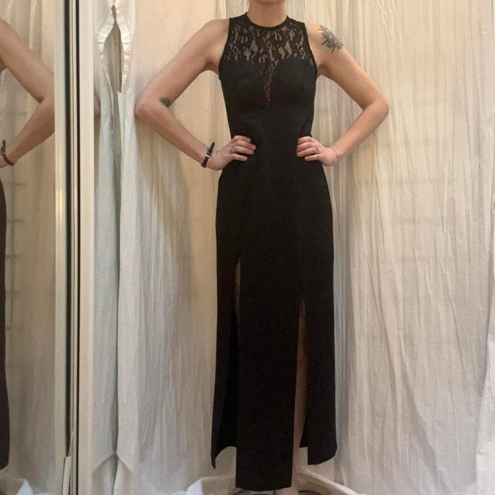 Black Lace Maxi Dress Vintage‎ 90s Jump Front Slits Formal Size XS Goth Y2K - Picture 2 of 8